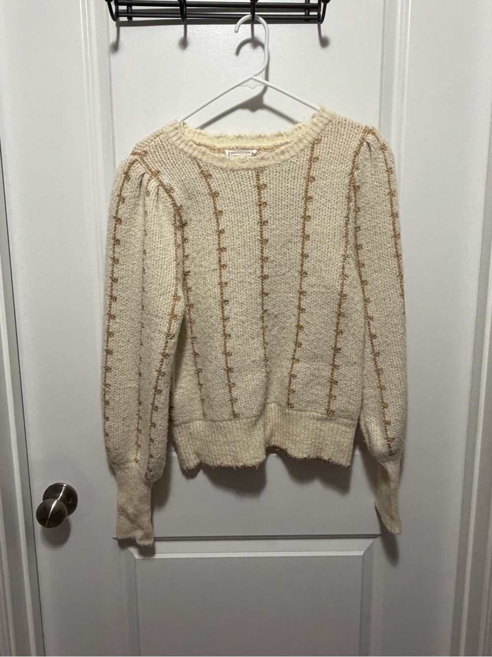 Cozy Cream Crewneck Sweater with Tan Contrast Stitching